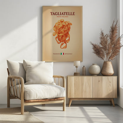 A vintage-style poster advertising Italian pasta, featuring a detailed illustration of a nest of orange tagliatelle against a light beige background. The poster includes the text 'TAGLIATELLE PASTA ITALIANA' at the top and 'TRADIZIONE ARTIGIANALE' with an Italian flag at the bottom. Wall Art