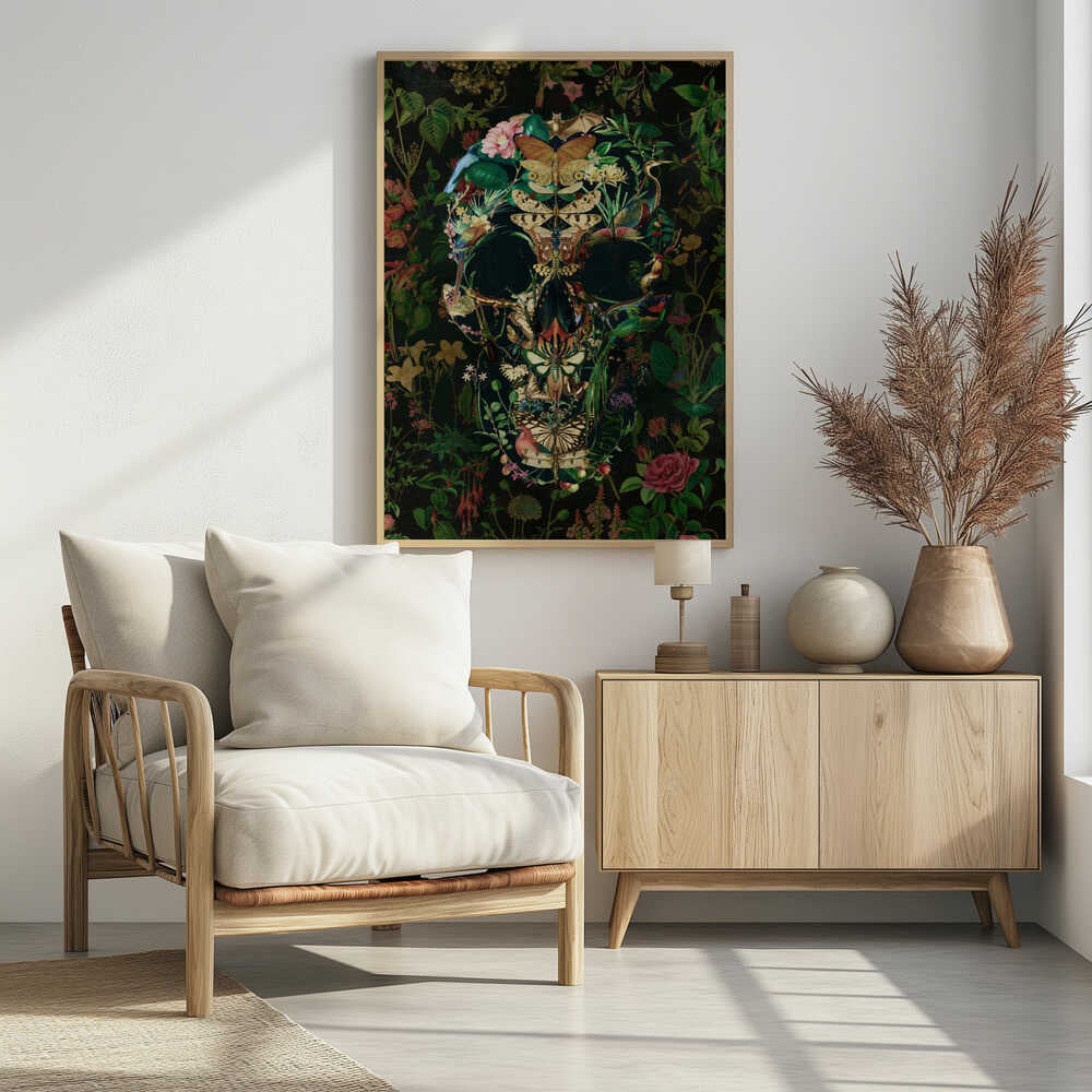 An intricate artwork of a human skull formed entirely from a collage of colorful flora and fauna, including butterflies, birds, insects, and flowers, set against a dark, dense botanical background. Wall Art