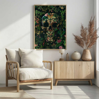 An intricate collage of various flowers, insects, birds, and other animals arranged to form the shape of a human skull. The background is a dark, lush tapestry of green leaves and colorful blossoms, creating a moody and detailed botanical illustration. Wall Art