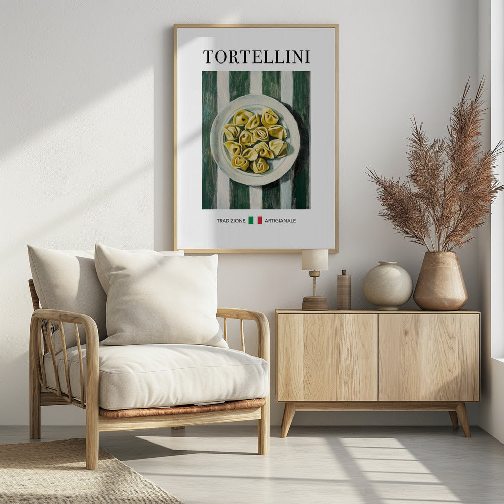 A framed vintage-style poster featuring a painted illustration of a plate of tortellini on a green and white striped background. The word 'TORTELLINI' is at the top, and 'TRADIZIONE ARTIGIANALE' with the Italian flag is at the bottom. Artwork