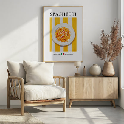 A vintage-style food poster in a black frame featuring a painting of a plate of spaghetti with sauce. The plate is set against a background of bold yellow and white vertical stripes. The word 'SPAGHETTI' is written in a black serif font at the top. At the bottom, the Italian words 'TRADIZIONE' and 'ARTIGIANALE' are separated by a small Italian flag. Artwork