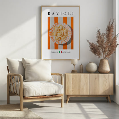 A modern food poster with the word 'RAVIOLI' at the top. A plate of fresh ravioli sits on a surface with bold orange and white vertical stripes. At the bottom, the Italian words 'TRADIZIONE' and 'ARTIGIANALE' are separated by a small Italian flag. Artwork