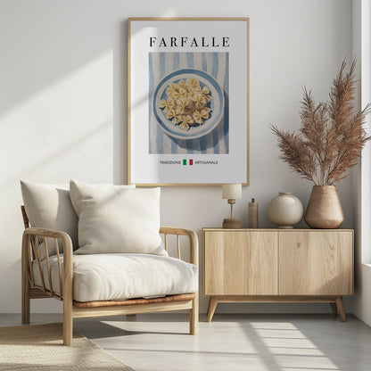 A vintage-style art print featuring a painted blue and white bowl of uncooked farfalle pasta. The bowl sits on a blue and white striped tablecloth. The word 'FARFALLE' is written in a large serif font at the top, and the Italian words 'TRADIZIONE ARTIGIANALE' are at the bottom, separated by green and red squares resembling the Italian flag. The artwork is enclosed in a thin black frame. Poster