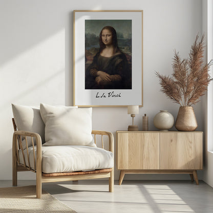 A framed art print of the Mona Lisa, styled like a polaroid picture with 'L da Vinci' handwritten underneath. The classic painting is set against a white mat within a simple black frame. Poster