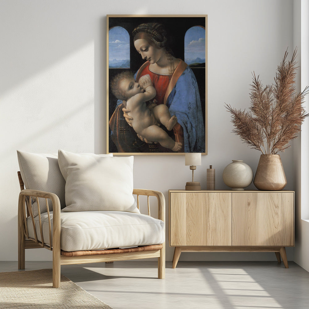 A Renaissance painting of the Madonna and Child, known as 'Madonna Litta' by Leonardo da Vinci. The Virgin Mary, dressed in a red gown and blue mantle, gazes down lovingly at the infant Jesus whom she holds in her arms. The scene is set in a dark room with two arched windows that open to a serene, mountainous landscape. Artwork