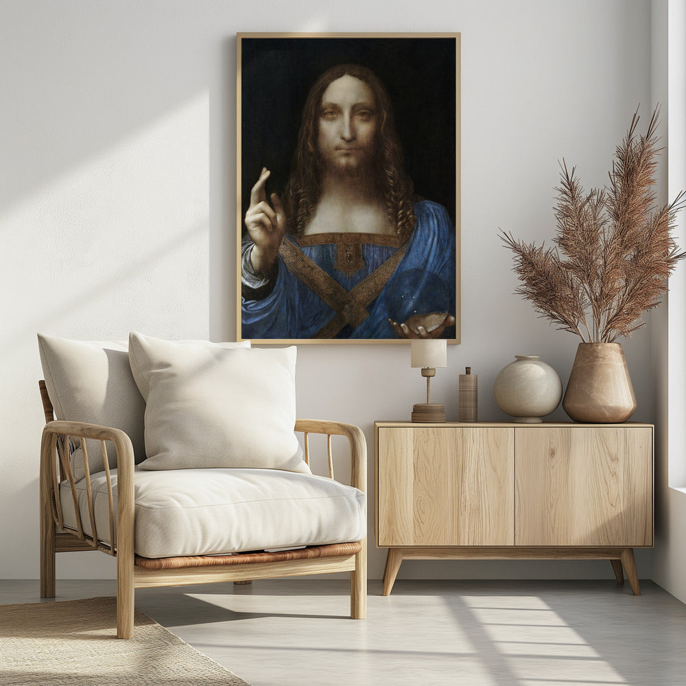 A framed portrait painting of Jesus Christ, known as Salvator Mundi, attributed to Leonardo da Vinci. He is depicted against a dark background, wearing a blue robe, with his right hand raised in blessing and his left holding a crystal orb. Wall Art