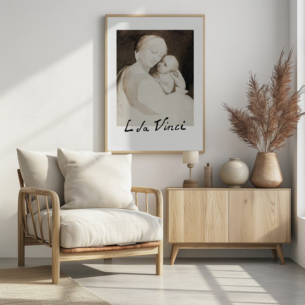 A framed poster of a Leonardo da Vinci drawing depicting the Madonna tenderly holding the infant Jesus. The piece is rendered in monochrome shades of brown and cream with the artist's signature 'L da Vinci' at the bottom. Decor