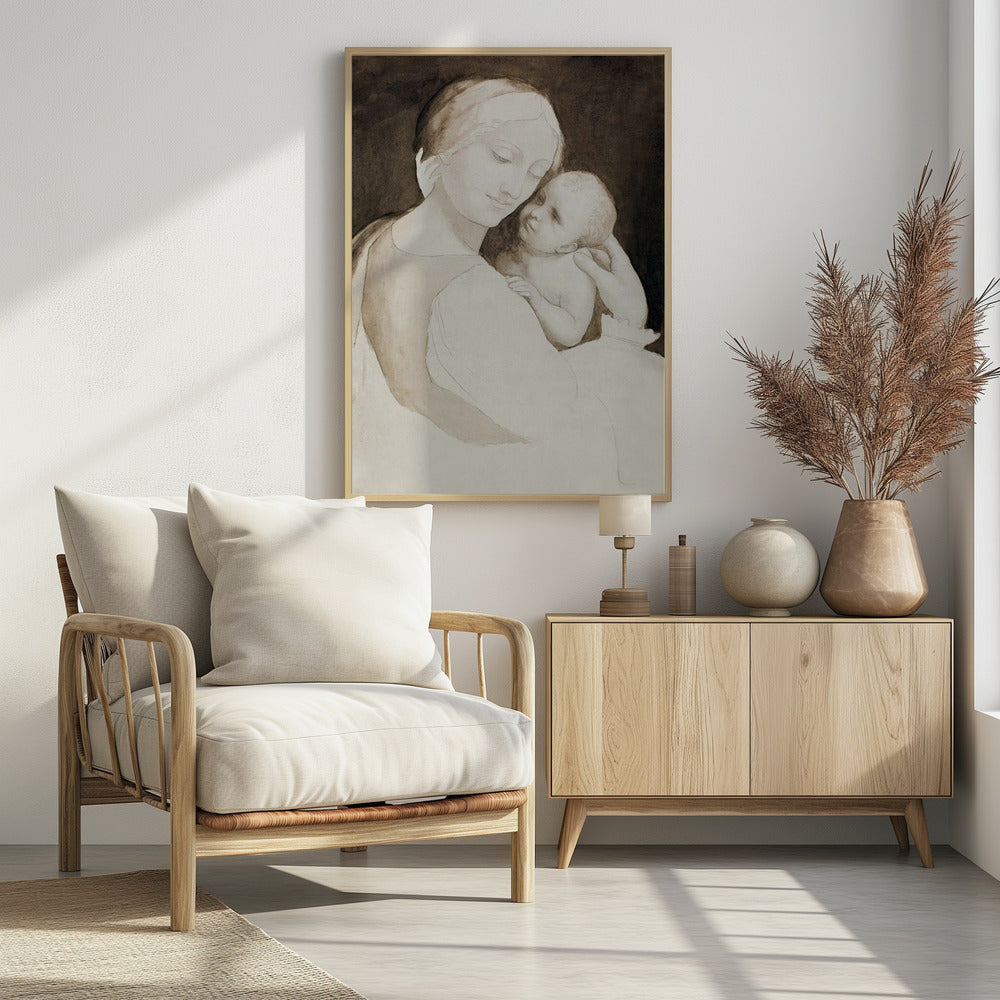 A sepia-toned ink wash painting of a mother and child in a classic Renaissance style. The mother, with a serene expression, holds the baby tenderly, looking down at them as the baby looks up at her against a dark background. Wall Art