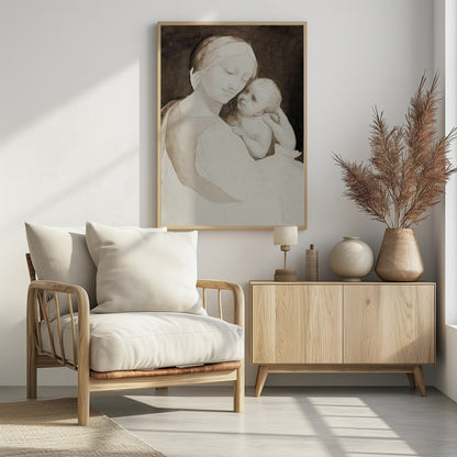 A sepia-toned ink wash painting of a mother and child in a classic Renaissance style. The mother, with a serene expression, holds the baby tenderly, looking down at them as the baby looks up at her against a dark background. Wall Art