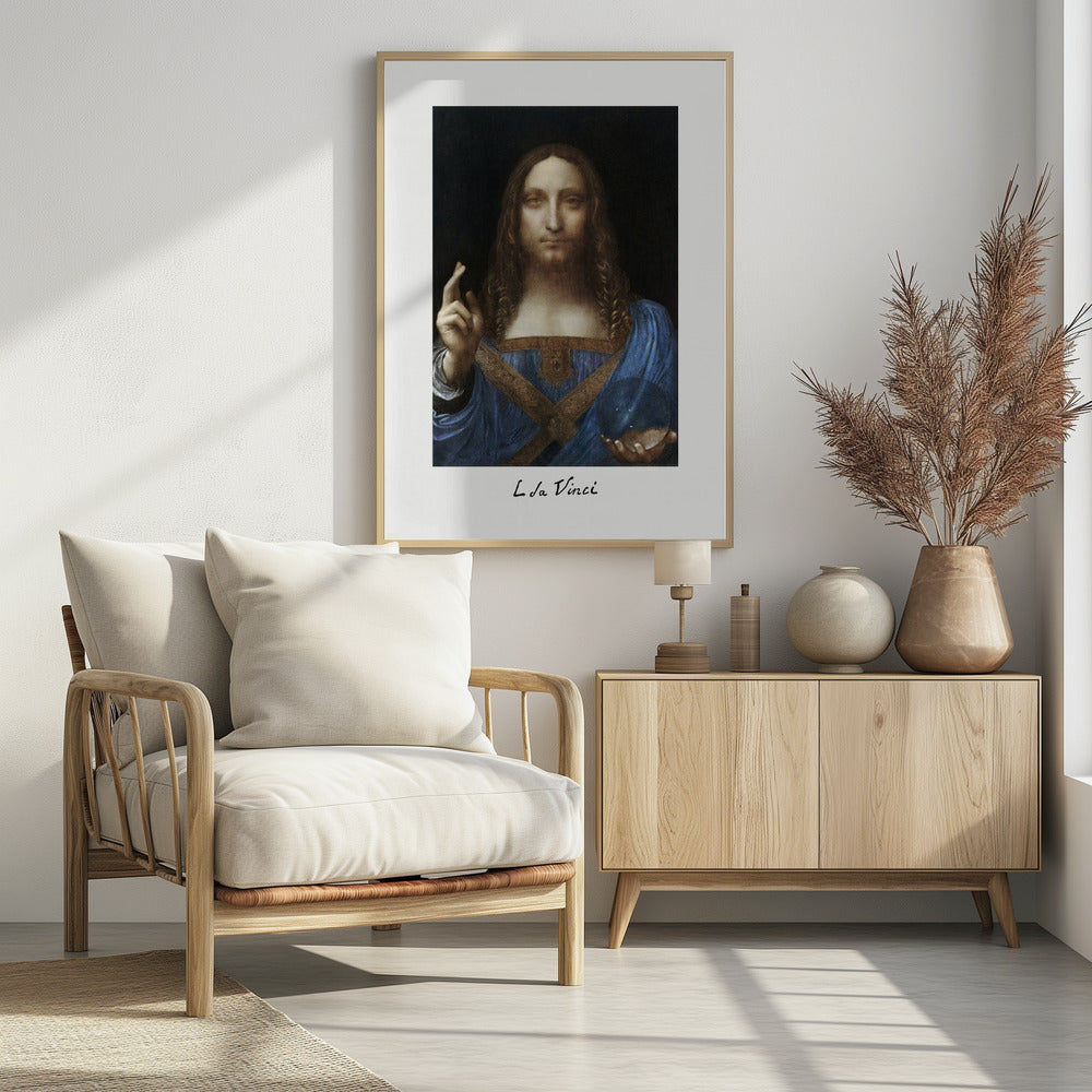 A framed print of Leonardo da Vinci's painting 'Salvator Mundi', depicting Jesus Christ in a blue robe against a black background. He holds a crystal orb in one hand and gives a blessing with the other. The artist's name is written below the image. Artwork