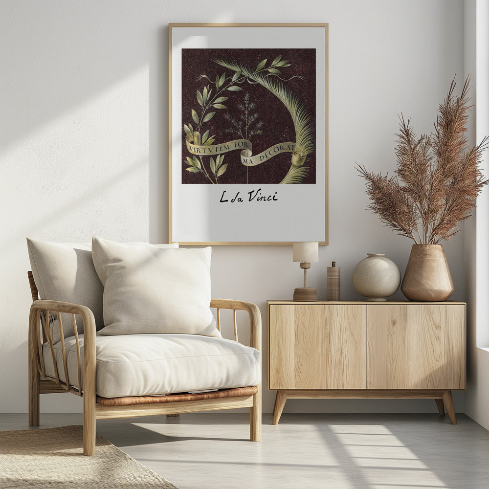 A classic art print by Leonardo da Vinci featuring a laurel branch and a palm frond against a dark, speckled maroon background. A beige ribbon weaves through the foliage with the Latin motto 'VIRTUTEM FORMA DECORAT'. The artist's signature 'L da Vinci' is written underneath on a white border. The artwork is presented in a black frame. Print