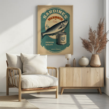 A vintage-style advertisement poster for Mermaid Inc. sardines, featuring a large illustrated sardine on a teal and beige label. The poster includes a can of sardines and text that reads 'Premium Quality' and 'Skinless & Boneless' in a distressed, retro design. Wall Art