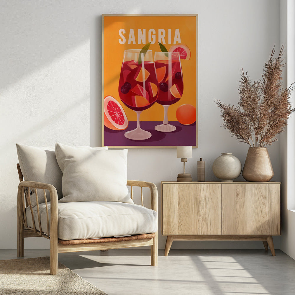 A vintage-style illustrated poster featuring two glasses of red sangria against a vibrant orange background. The glasses are filled with fruit slices, berries, and ice, and the word 'SANGRIA' is printed in large white letters at the top. Poster