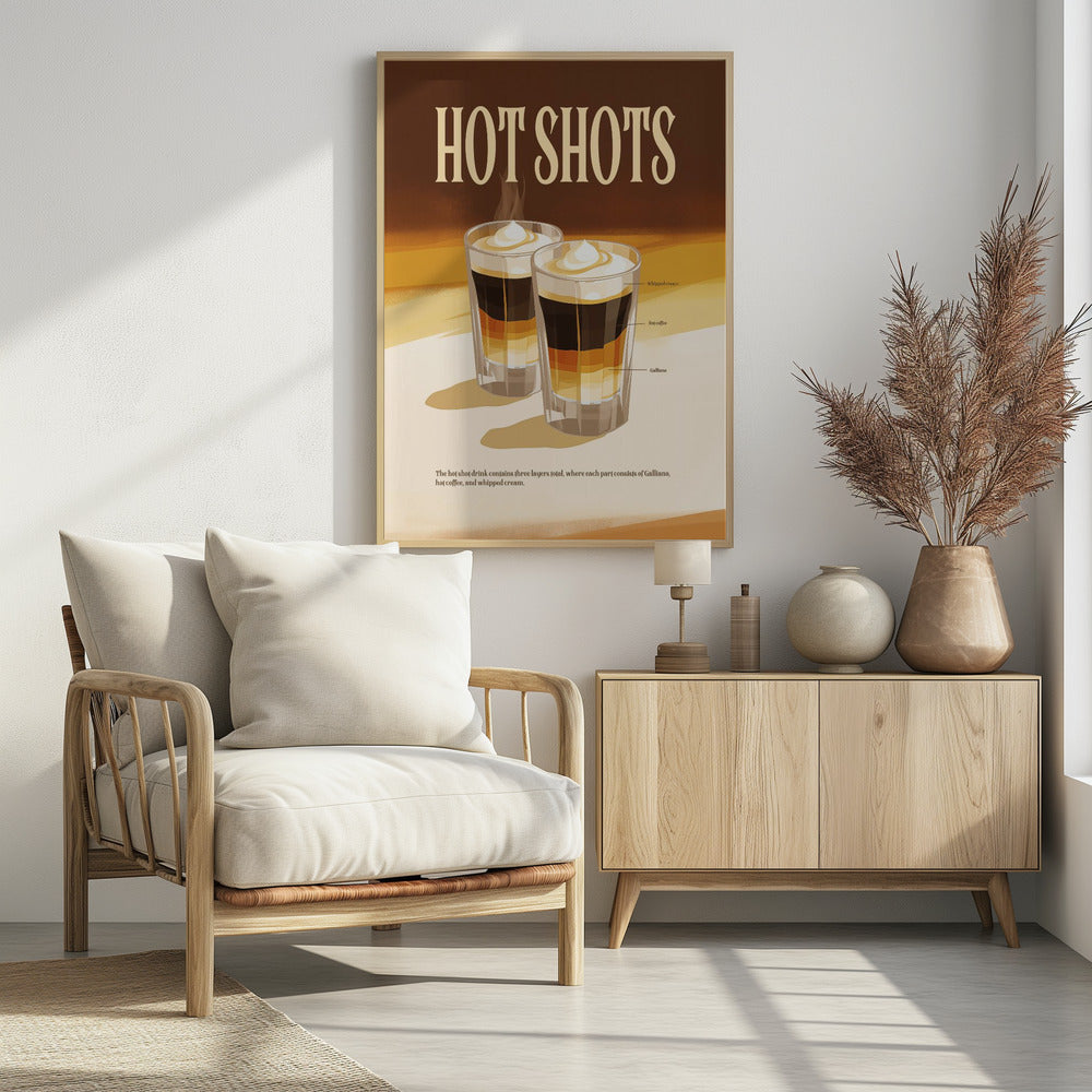 A vintage-style poster for a drink called 'Hot Shots'. The poster illustrates two layered drinks in shot glasses with labels for each layer: Galliano, hot coffee, and whipped cream. The design has a retro aesthetic with a warm brown and cream color palette. Wall Art