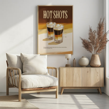 A vintage-style poster for a drink called 'Hot Shots'. The poster illustrates two layered drinks in shot glasses with labels for each layer: Galliano, hot coffee, and whipped cream. The design has a retro aesthetic with a warm brown and cream color palette. Wall Art