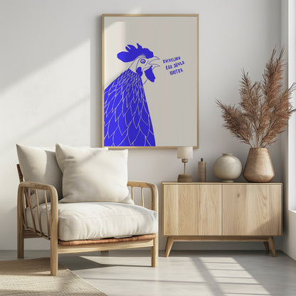 A graphic illustration of a rooster in profile, rendered in bold blue and white against a cream-colored background. The rooster has its beak open as if crowing, and next to it is the phrase in Swedish: 'KUCKELIKU ERA JÄVLA IDIOTER'. The image is shown within a black frame. Poster