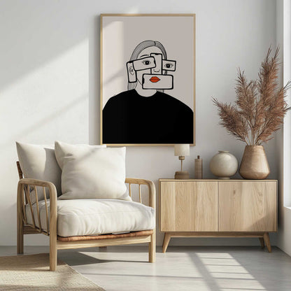 A minimalist line art illustration of a woman in a black shirt against an off-white background. Her face is obscured by several overlapping smartphones, which display her eyes and bright red lips on their screens, creating a surreal and conceptual portrait about technology and identity. Artwork