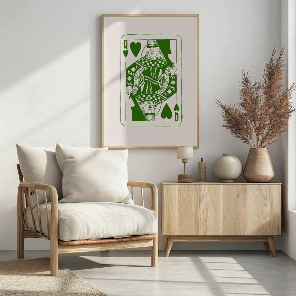 A framed art print of a stylized Queen of Hearts playing card. The design is rendered in bold green lines on an off-white background. The queen has her eyes covered and is defiantly giving the middle finger. Print