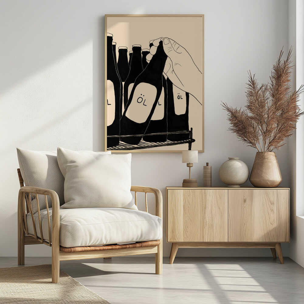 A minimalist illustration in black and cream showing a hand picking up a dark glass bottle from a rack. The bottle has a simple white label with the word 'ÖL'. Other similar bottles are visible in the background. Wall Art