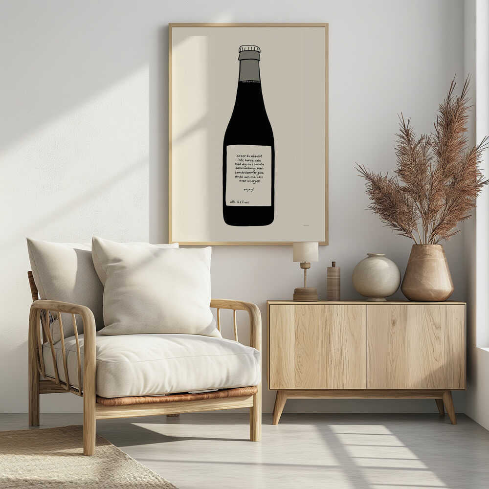 A minimalist illustration of a dark bottle against an off-white background, enclosed in a black frame. The bottle has a white label with handwritten Swedish text that reads: 'saker du absolut inte borde dela med dig av i sociala sammanhang men som du kommer göra ändå och må skit över imorgon enjoy! alk. 5.2% vol'. Print