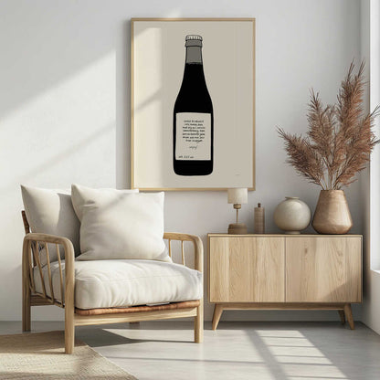A minimalist illustration of a dark bottle against an off-white background, enclosed in a black frame. The bottle has a white label with handwritten Swedish text that reads: 'saker du absolut inte borde dela med dig av i sociala sammanhang men som du kommer göra ändå och må skit över imorgon enjoy! alk. 5.2% vol'. Print