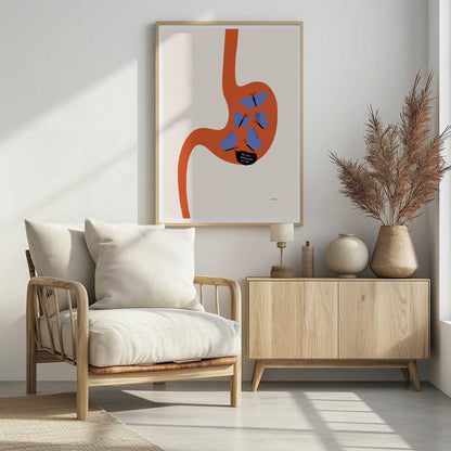 A minimalist art print showing a large, orange, stylized human stomach against a cream background. Inside the stomach are five blue butterflies, one of which has a black speech bubble with the Swedish text 'hur fan hamnade vi här' ('how the hell did we end up here'). Poster