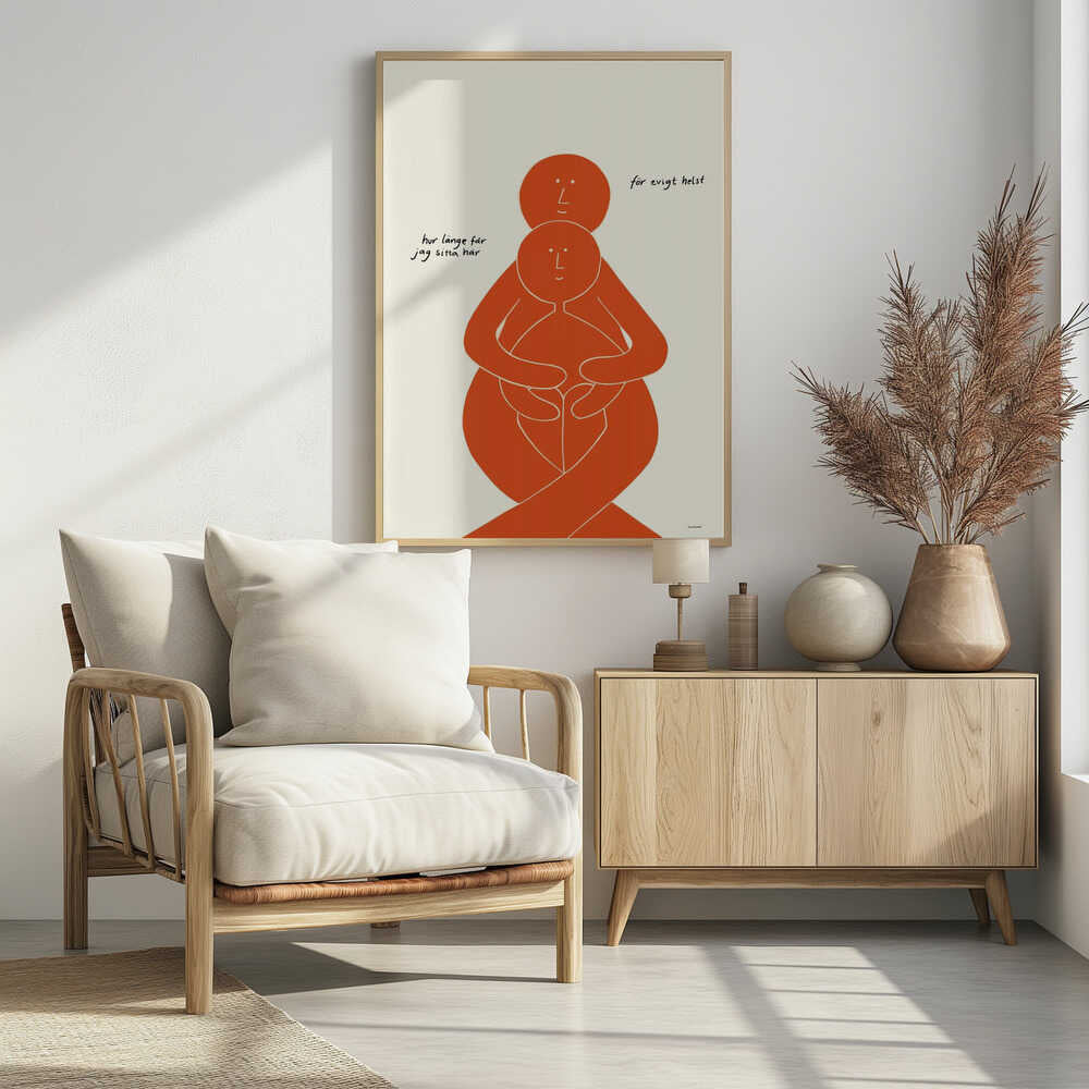 A minimalist art print with a black frame, featuring two stylized orange figures on a cream background. A larger figure embraces a smaller one from behind, both with simple, smiling faces. Handwritten Swedish text on the left reads 'hur länge får jag sitta här' and on the right 'för evigt helst', translating to 'how long can I sit here' and 'forever, preferably'. Poster