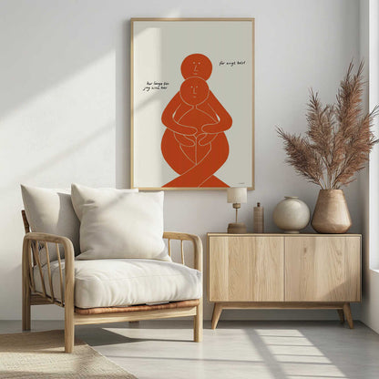 A minimalist art print with a black frame, featuring two stylized orange figures on a cream background. A larger figure embraces a smaller one from behind, both with simple, smiling faces. Handwritten Swedish text on the left reads 'hur länge får jag sitta här' and on the right 'för evigt helst', translating to 'how long can I sit here' and 'forever, preferably'. Poster