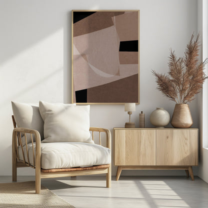 An abstract artwork in a black frame featuring a collage of overlapping geometric and curved shapes. The color palette consists of various shades of brown, from dark chocolate to light beige, contrasted with solid black areas. The shapes have a textured, paper-like quality and some appear translucent, creating layers and depth. Decor