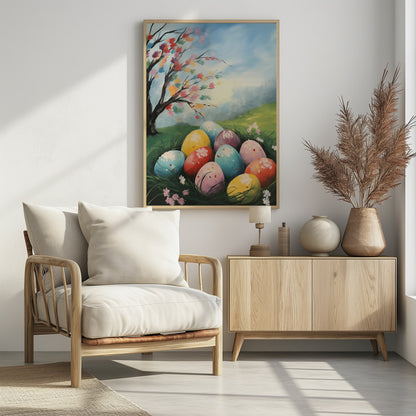 A vibrant painting depicting a cluster of colorful Easter eggs nestled in lush green grass. Above them on a small hill, a tree blossoms with a rainbow of colors against a bright, partly cloudy blue sky, capturing a whimsical spring scene. Artwork