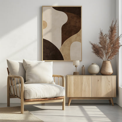 A modern abstract painting in a black frame, featuring a composition of large, flowing, and overlapping organic shapes in a warm, earthy color palette of dark brown, tan, and cream. The textured forms create a sense of depth and movement, reminiscent of rolling hills or sand dunes. Decor