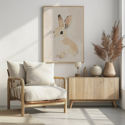 A watercolor-style illustration of a small, cute rabbit with tan and white fur, large black eyes, and long ears. The bunny is sitting and looking towards the left against a soft, textured beige background, all enclosed within a thin black frame. Poster