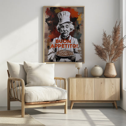 A stylized portrait of a smiling elderly chef with a white mustache and hair, wearing a chef's hat and holding a plate of pasta. The background features abstract red, black, and yellow paint splatters in a street art style. The phrase 'BUON APPETITO!' is written in large orange letters across the front. Decor