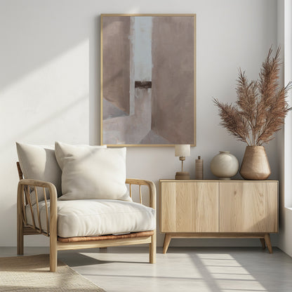An abstract painting in a black frame, featuring a composition of geometric blocks in muted earth tones. A central vertical stripe of off-white is intersected by a dark brown horizontal band, creating a sense of depth and architectural form. Wall Art