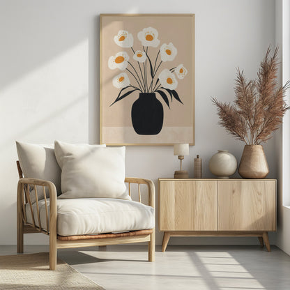 A modern, minimalist illustration of a bouquet of white poppy-like flowers with orange centers arranged in a solid black vase. The artwork features thin black stems and leaves against a muted beige background, all enclosed in a simple black frame. Artwork