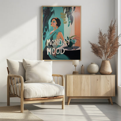 A stylized illustration of a woman with short black hair and a teal dress, relaxing with her eyes closed. Next to her is a glass of wine on a table, surrounded by plants. The words 'MONDAY MOOD' are written in a large, white, brush-stroke font across the bottom. Poster