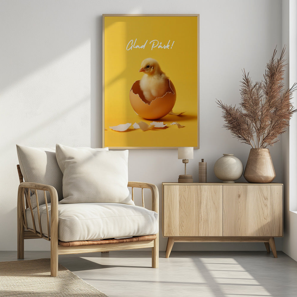 A poster with a bright yellow background featuring a cute, fluffy yellow chick that has just hatched from a brown egg. Above the chick, the text 'Glad Påsk!' is written in a white cursive script. The poster is shown within a black frame. Poster