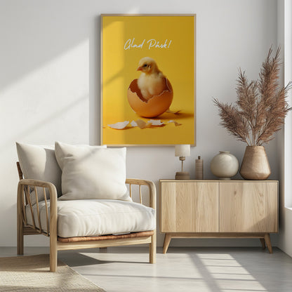 A poster with a bright yellow background featuring a cute, fluffy yellow chick that has just hatched from a brown egg. Above the chick, the text 'Glad Påsk!' is written in a white cursive script. The poster is shown within a black frame. Poster