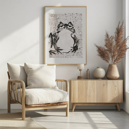A traditional Japanese sumi-e ink wash painting of a large frog with a grumpy expression. The frog is rendered in bold black brushstrokes against an off-white paper background filled with Japanese calligraphy. The artwork is enclosed in a simple black frame. Poster