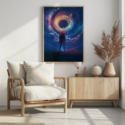 A lone astronaut in a dark suit with a bright red helmet stands on a rocky surface, gazing up at a colossal, swirling cosmic vortex of blue, red, and yellow light surrounded by stars and planets. Wall Art