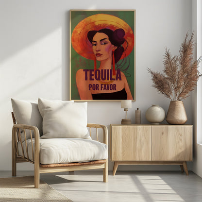 A stylized portrait of a woman with dark hair, bold eyebrows, and red lipstick, wearing a large orange sun hat and long red earrings. The text 'TEQUILA POR FAVOR' is written in a dark purple font in front of her. Poster