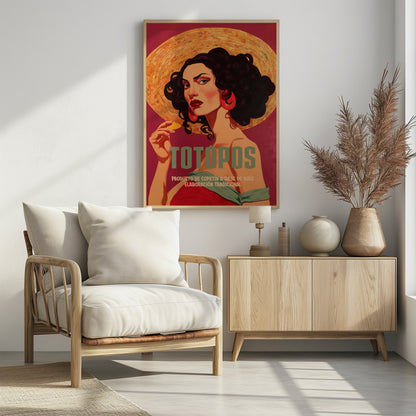 A vintage-style advertisement poster for 'Totopos'. The illustration features a glamorous woman with dark curly hair, red lipstick, and large red earrings, wearing a wide-brimmed straw hat. She holds a single tortilla chip and looks directly at the viewer against a rich red background. The text 'TOTOPOS' is prominent in the center. Artwork