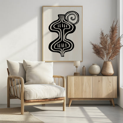 A minimalist abstract artwork in a black frame, featuring a bold, black, symmetrical figure with curvaceous lines against an off-white background. The figure, reminiscent of a vase or an hourglass, has white line details and is paired with a large black spiral at the top. Print