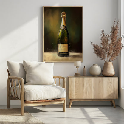 A painterly style artwork of a single bottle of champagne against a dark, moody background. The green bottle has a gold foil top and an aged label that reads, 'Save Water, Drink Champagne. Life is too short. Make the best of it.' The artwork is enclosed in a simple black frame. Poster