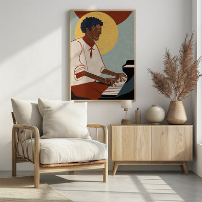 A stylized illustration of a Black man with an afro and geometric glasses playing a grand piano. His arms and hands are depicted with intricate line patterns. The background features a large yellow circle and a smaller red one against a muted blue, textured sky. Artwork