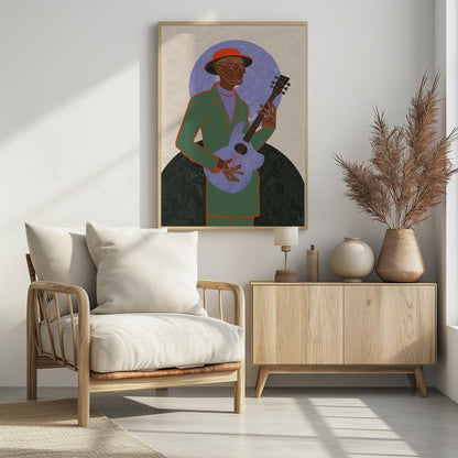 A stylized illustration of a musician in a black frame. The Black man, wearing a green jacket, red hat, and geometric glasses, plays a light purple guitar against a background with a large purple circle and a dark semi-circle. Wall Art