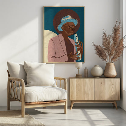 A stylized illustration of a Black man wearing a light blue fedora and a pink jacket. He is playing a light-colored wind instrument against a dark blue background with a large brown circle behind his head. The art style is geometric and graphic. Artwork