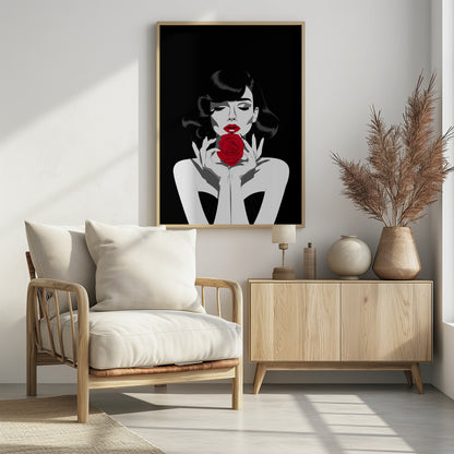 A high-contrast graphic illustration of a woman with dark wavy hair and closed eyes, holding a single vibrant red rose in front of her mouth. The image is primarily black and white, with selective color on her red lips and the rose. Decor