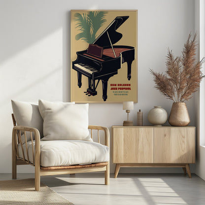 A vintage-style illustrated poster for the New Orleans Jazz Festival. The poster features a large black grand piano with its lid propped open, set against a tan background. In the upper left corner, the green fronds of a palm tree are visible. Text in the lower right corner reads 'NEW ORLEANS JAZZ FESTIVAL' and 'TO JAZZ, OR NOT TO JAZZ, THERE IS NO QUESTION'. The entire image is enclosed in a black frame. Artwork