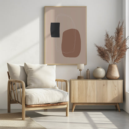 A minimalist abstract artwork in a black frame. The piece features a dark charcoal rectangle and a larger, organic terracotta brown shape on a dusty pink background. A thin, white, scribbled line loops loosely around both shapes, connecting them. Decor